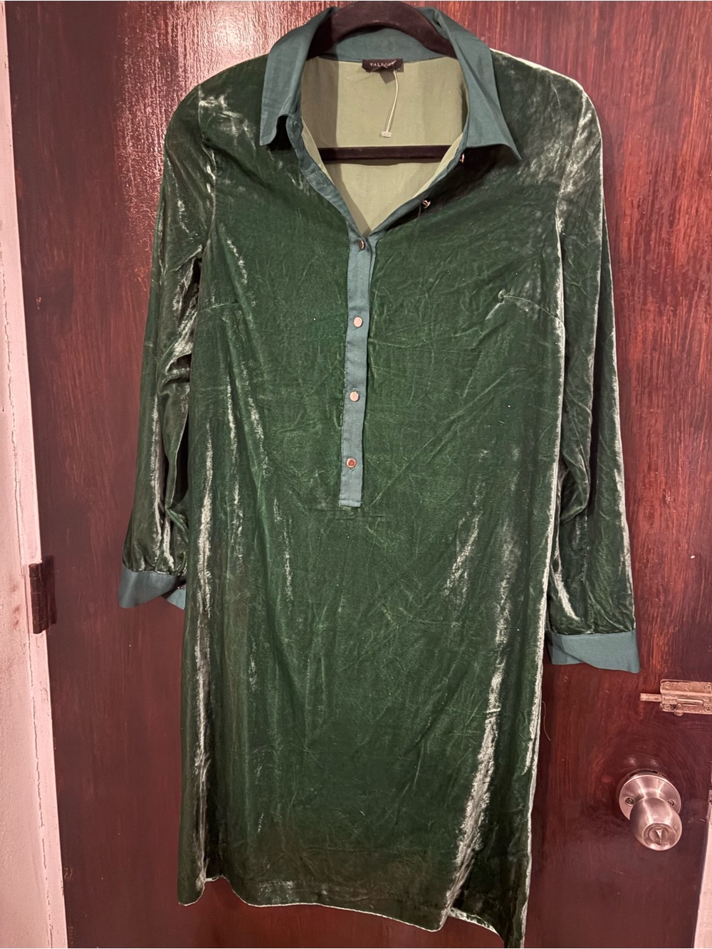 Talbots Deep Green Velvet Shirt Dress with Teal Trim. Size S.
